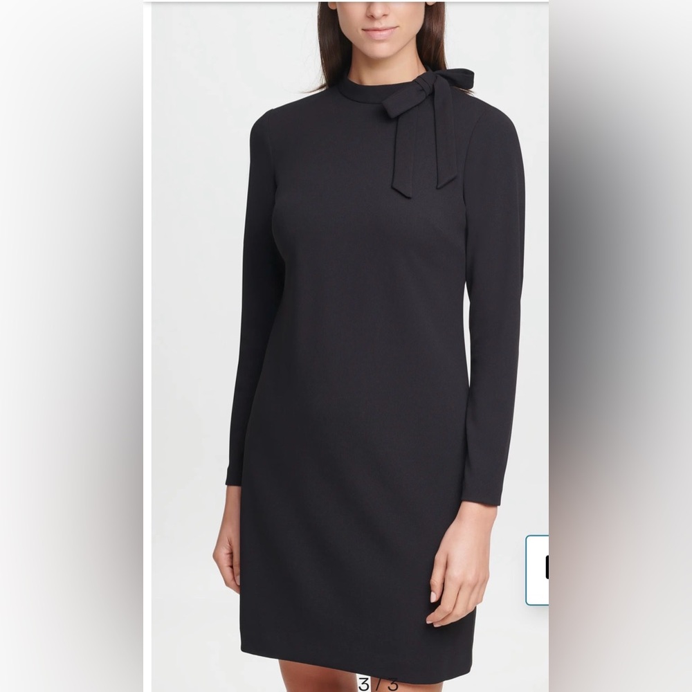 Calvin Klein Women’s Dress Black Tie Mock Neck  Crepe Sheath Sz 8 - Picture 3 of 9